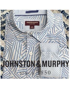 Johnston & Murphy Printed Cotton Shirt White/Blue Micro Skull Cross Bone (XL)